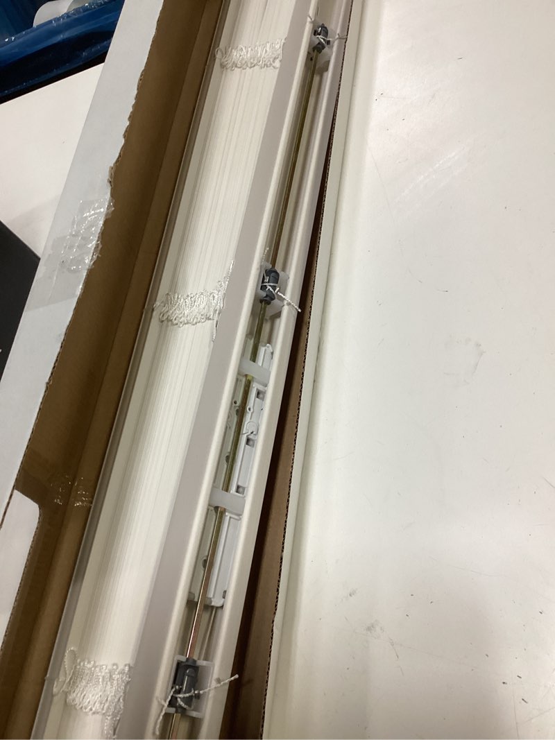 Condition photo showing As Is for mainstays cordless 1" vinyl light filtering blinds, white, 48" width x 64" length