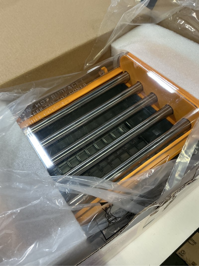 Condition photo showing As Is for nostalgia oscar mayer extra large countertop 8 hot dog roller and bun toaster oven - stainless steel rollers and non-stick warming racks - adjustable timer hot dog roller yellow