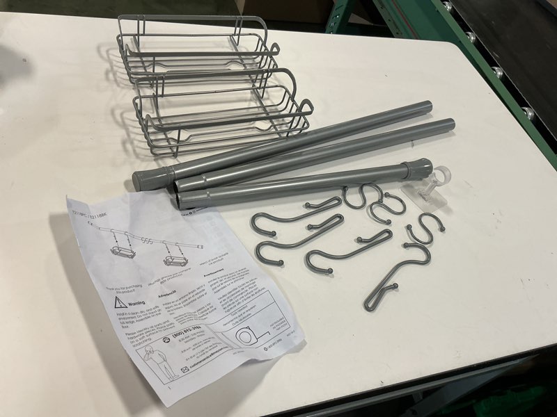 zenna home bathroom organizer shower caddy, adjustable horizontal tension pole between wall shower storage system with 2 baskets and 3 hooks, 26 to 76 inch, silver model: e2118pc