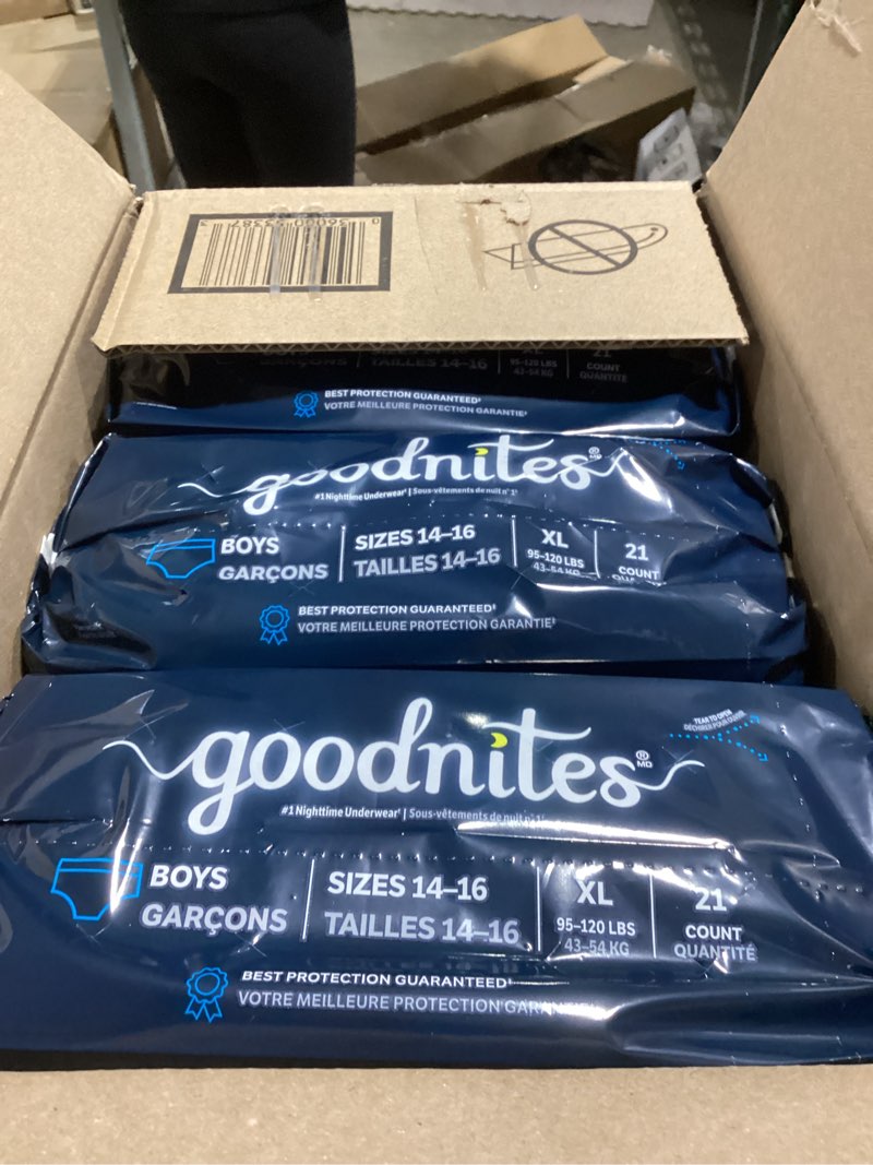 Condition photo showing Good Condition for goodnites boys' nighttime bedwetting underwear, size extra large (95-120 lbs), 63 ct (3 packs of 21), packaging may vary x-large 63