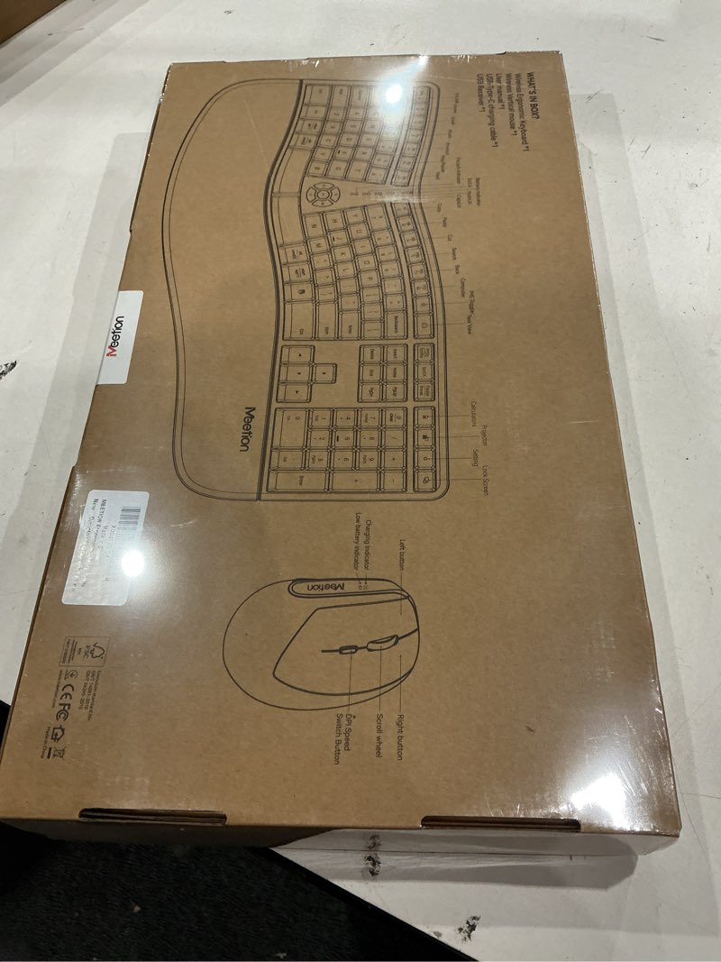 Condition photo showing New/Like New for meetion ergonomic keybaord and mouse combo, wireless keyboard and mouse set, ergo split keyboard, vertical mouse, rechargeable, for windows gray white