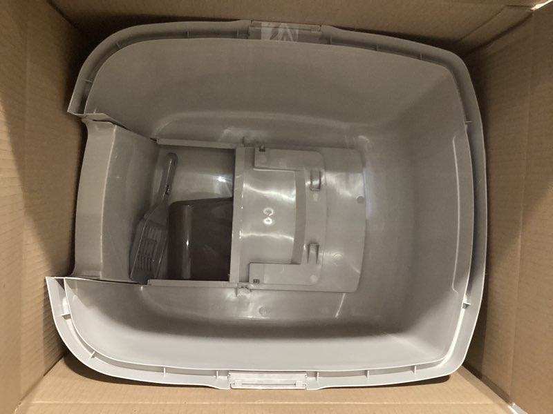 Condition photo showing Good Condition for iris usa cat litter box large with front door flap, covered enclosed litter box enclosure with scoop, handle & buckles for portability & privacy, hidden litter pan, gray jumbo enclosed gray