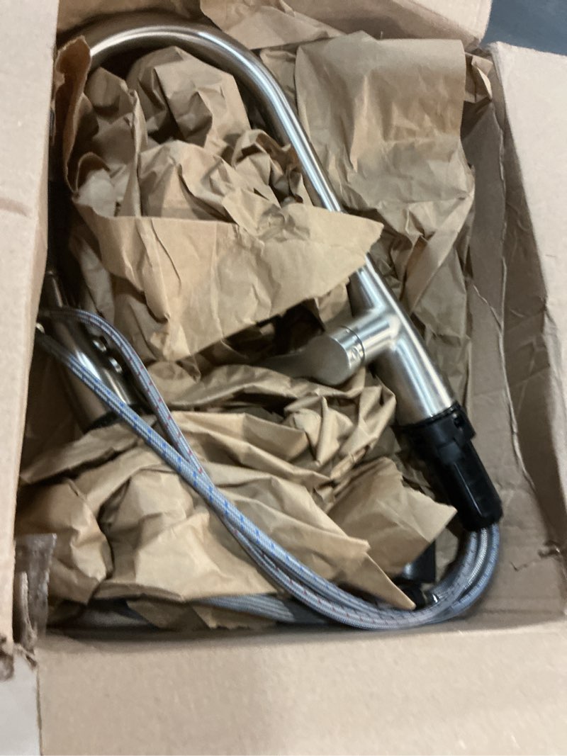 Condition photo showing As Is for Amazon Basics Kitchen Faucet, Pull-Down Sink with Fast Mount, 2 Spray Mode, Brushed Nickel with Spot-Free Finish, 1-Pack Brushed Nickel (Spot-free Stainless) 2 Mode (Shower&Bubble)