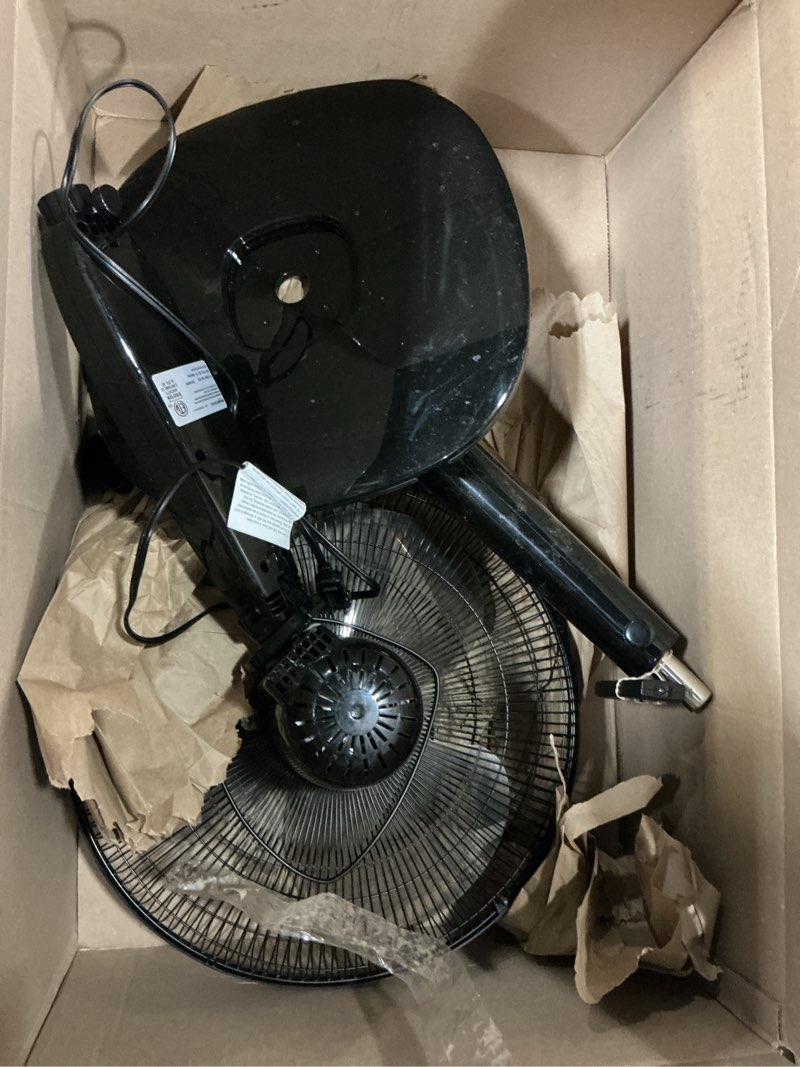 Condition photo showing As Is for amazon basics 16" pedestal fan with remote, floor fan, standing fan for bedroom, living room, office, with 3 speeds, 3 modes, timer, dual-layered blades, adjustable height, tilt head, 60w, black 3-speed, ac motor