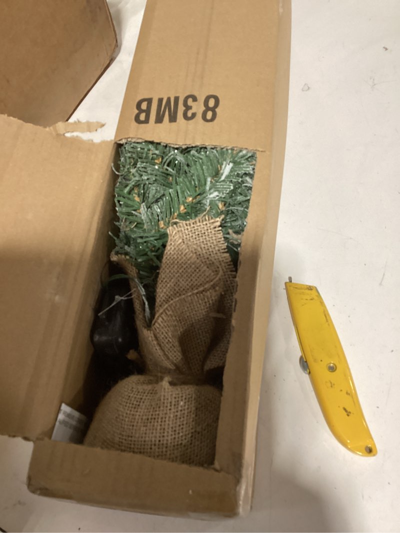 Condition photo showing Good Condition for 2 ft Mini Christmas Trees with 25 F5 LED Lights, 24" Decorated Burlap Artificial Tabletop Christmas Trees Home Party Decoration for Kitchen Dining Room Window Green White