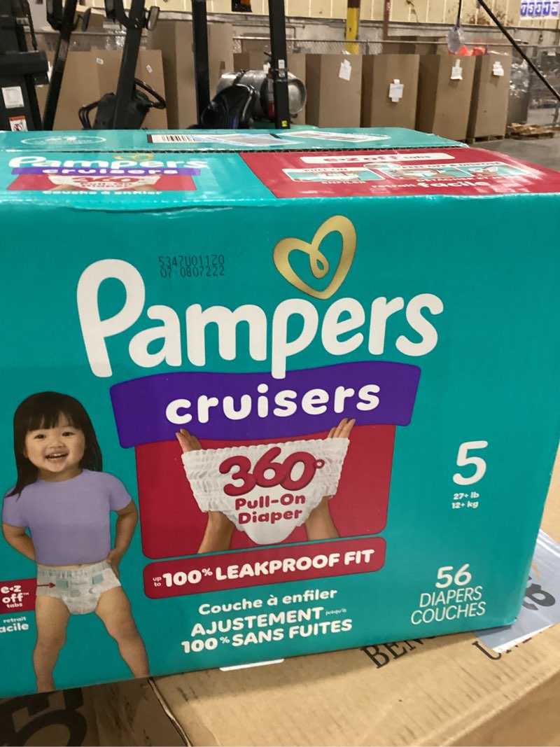 Condition photo showing New/Like New for Pampers Diapers - Cruisers 360 - Size 5, 56 Count, Babyproof up to 100% Leakproof Pull-On Diaper Size 5 56