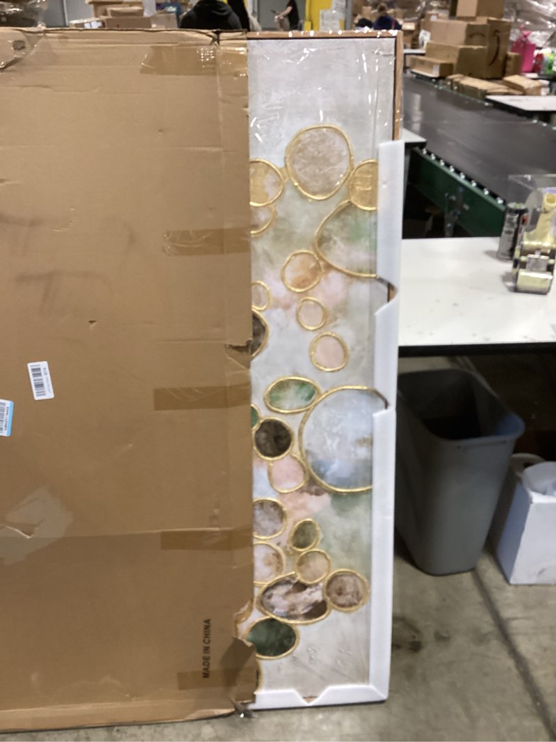 Condition photo showing New/Like New for abstract canvas wall art gold circle painting green artwork framed wall prints 29"x 58" office wall decor colorful pictures for living room bedroom