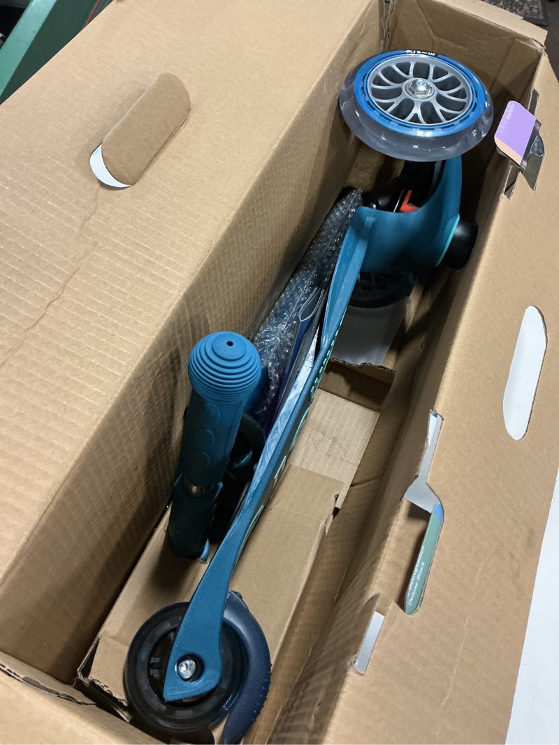 Condition photo showing New/Like New for micro kickboard | mini led kids scooter for ages 2-5 | children up to 110 lbs | 3 wheel lean-to-steer design | adjustable t bar | smooth ride, motion activated pu led wheels | swiss design crystal blue