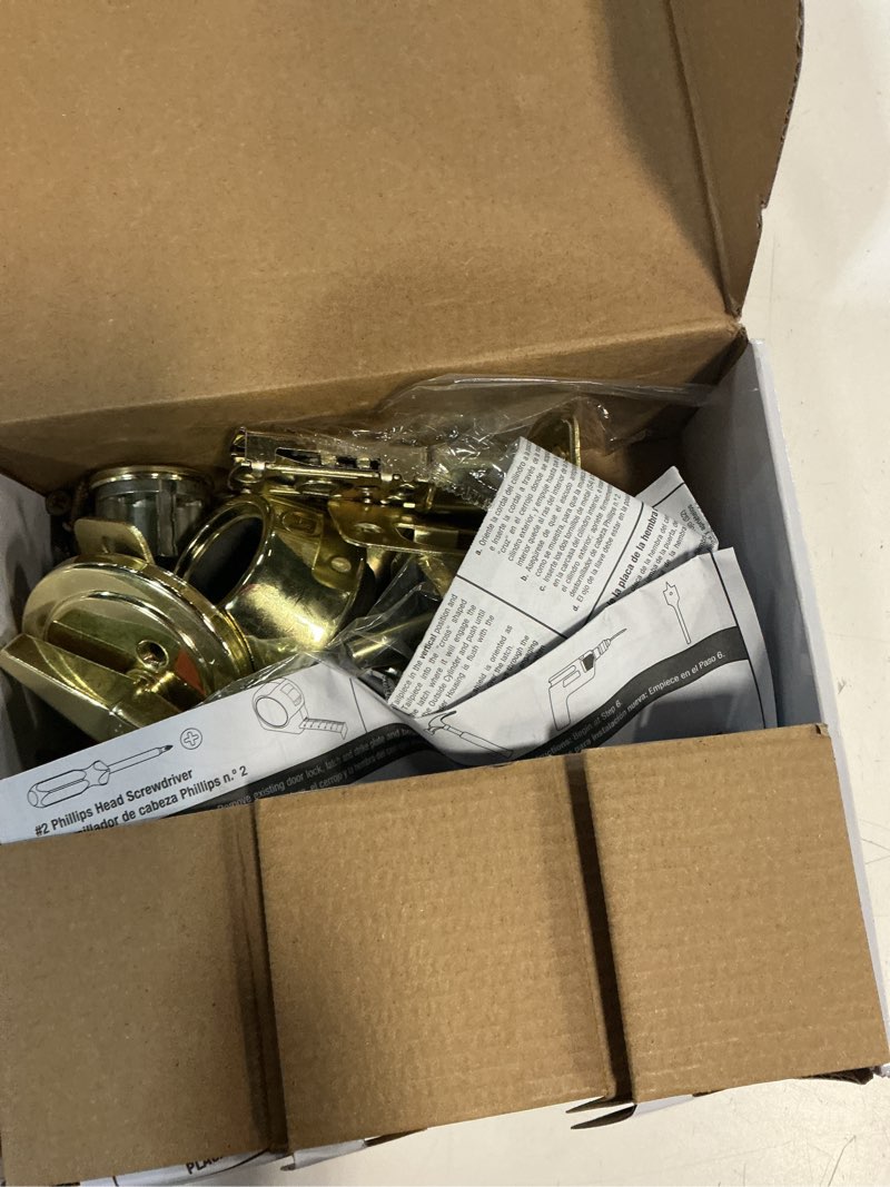 Condition photo showing As Is for hyper tough keyed entry tulip style doorknob and deadbolt combo pack, polished brass finish