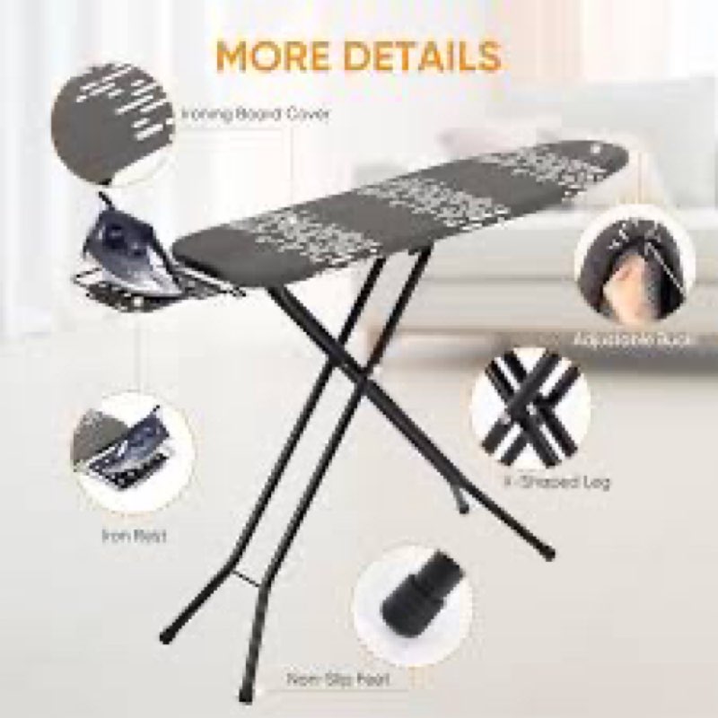 Deluxe Ironing Board with Heat Resistant Cover and Thicken Felt Pad, Safety Iron Rest, 4 Premium Steel Legs, Height Adjustable,Foldable
