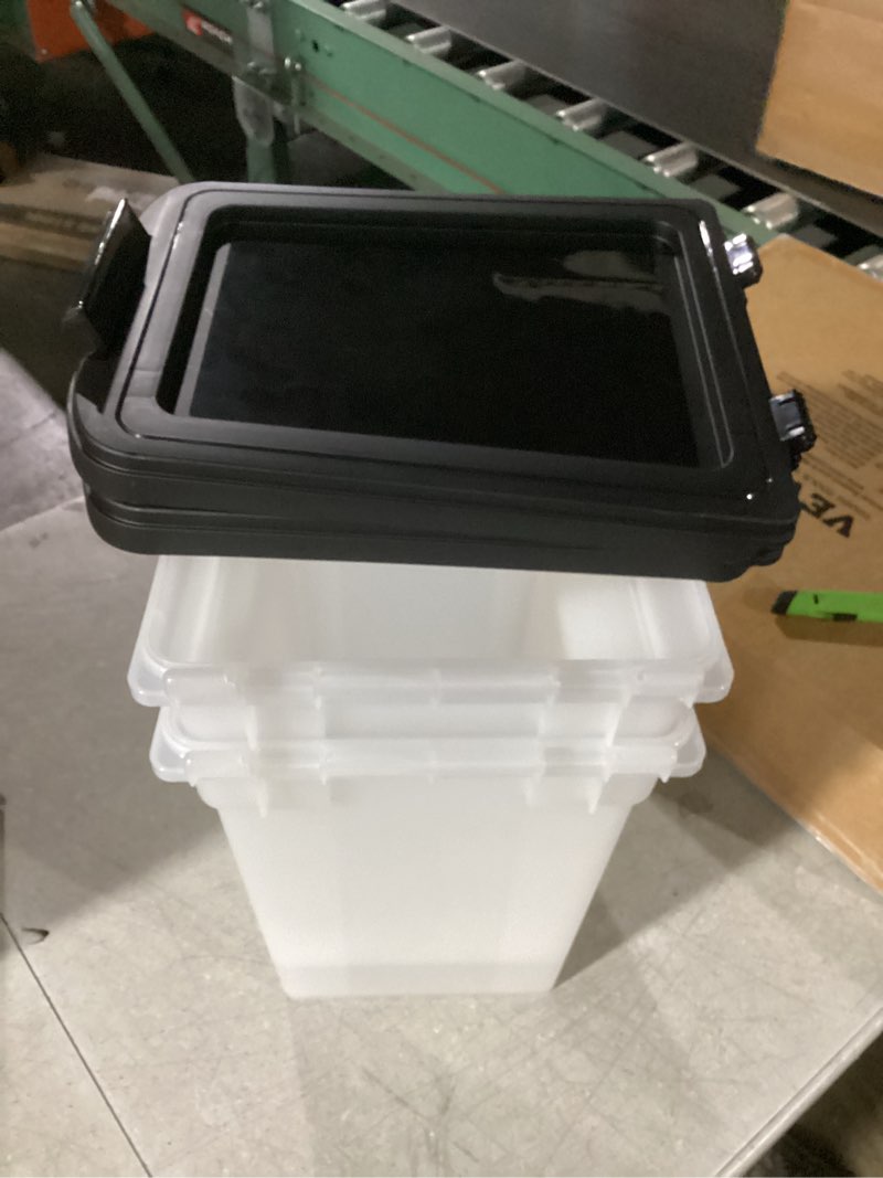 Condition photo showing Good Condition for IRIS USA Airtight Dog Food Storage Container, Up to 10 lbs Each, 2 Pack, for Dog Cat Bird and Other Pet Food Storage Bin, Keep Fresh, Translucent Body, BPA Free, Clear/Black 10 lbs - 2 Pack Black