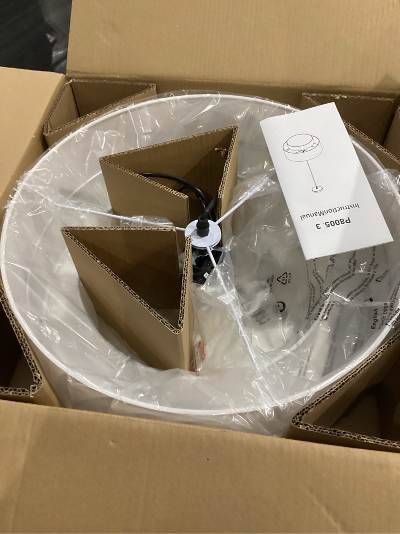 Condition photo showing Good Condition for 18" drum pendant light fixture, 3 light drum chandelier with wihte fabric lampshade, 2 tier dining room light fixtures over table, ceiling drum chandeliers for dining room, bedroom and living room hardwired white