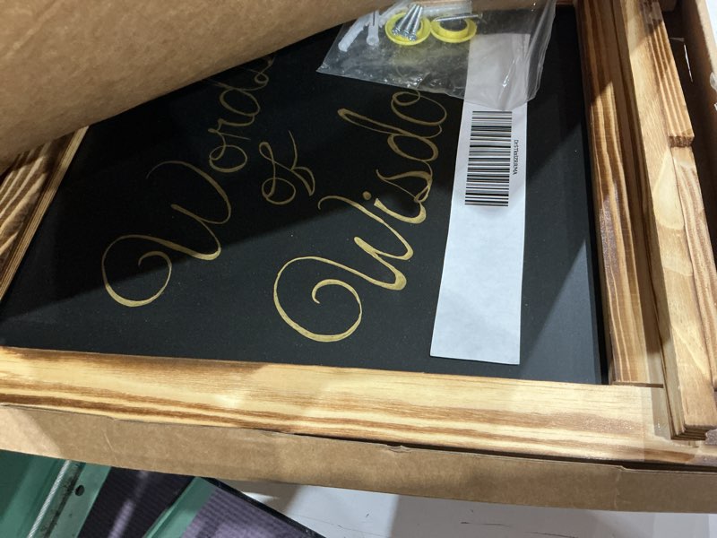 Condition photo showing As Is for lotfancy 15"x12" magnetic chalk board sign, small wood framed tabletop black easel chalkboard, foldable standing ledge,1 white chalk pen 2 magnets and wall hanging kits included,rustic brown rustic brown 12"w x 15"h