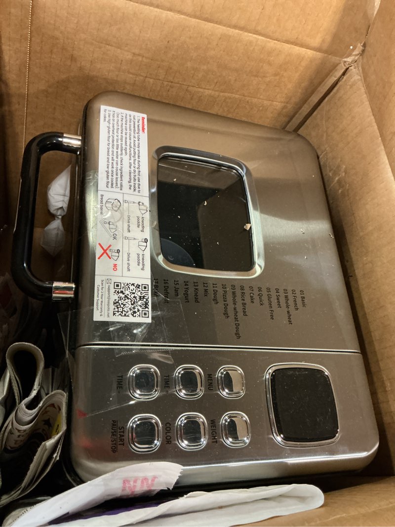 Condition photo showing Good Condition for bread maker, 2lb stainless steel bread machine, 17-in-1 automatic settings, non-stick pan, beginner-friendly controls, easy to clean, low noise, high success rate for homemade bread 13.19" x 11.42" x 13.78"