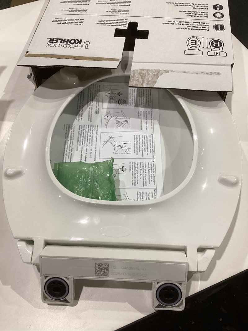 Condition photo showing As Is for kohler 4639-rl-0 cachet readylatch round toilet seat soft close, white white round ready latch