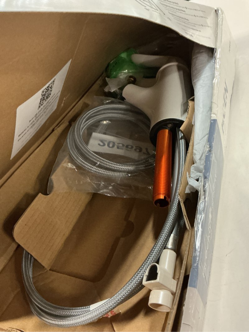 Condition photo showing As Is for moen brecklyn glacier white one-handle single-hole kitchen faucet with pull-out sprayer and power clean, optional deckplate included, 87557w