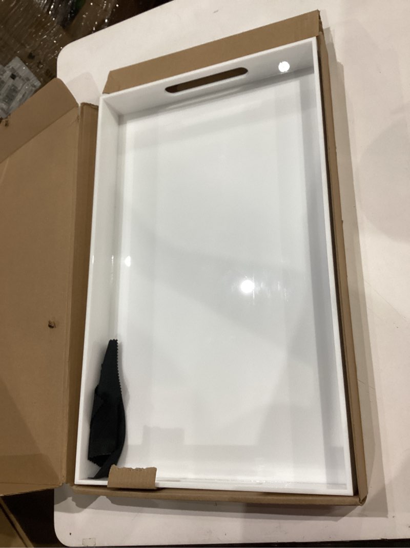 Condition photo showing Good Condition for white tray 20×12" with cut handles - spill proof decorative tray is an ideal countertop organizer for living rooms, ottoman coffee tables, offices, kitchens & serving guests white 20" x 12" x 2"