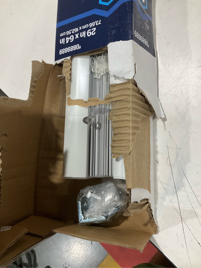 Condition photo showing As Is for project source room darkening 1-in slat width 29-in x 64-in cordless white vinyl room darkening mini-blinds