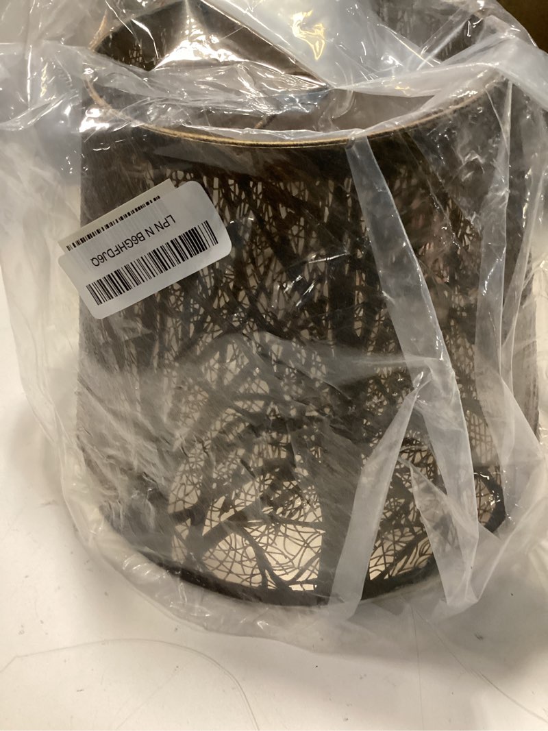 Condition photo showing Good Condition for incomplete  small metal lampshade forest etching forest lamp shade pattern 6'' top 10'' bottom height 7.5'' fits for table lamps and floor lamps spider fitter out black in gold alucset lampshade metal bronze/gold