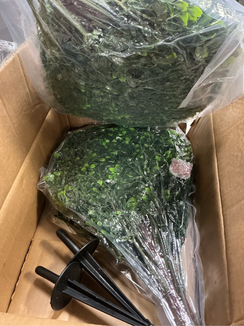 Condition photo showing Good Condition for artificial boxwood topiary ball bush for outdoor with spike, set of 2 uv resistant faux boxwood ball tree with stake, weatherproof fake round topiary shrub plant for front porch planter green