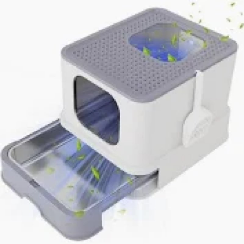 RIZZARI Large Foldable Cat Litter Box,Top Entry Cat Litter Box with Lid,Anti-Splshing Cat Kitty Litter Pan Easy Cleaning and Scoop (Upgrade,White)