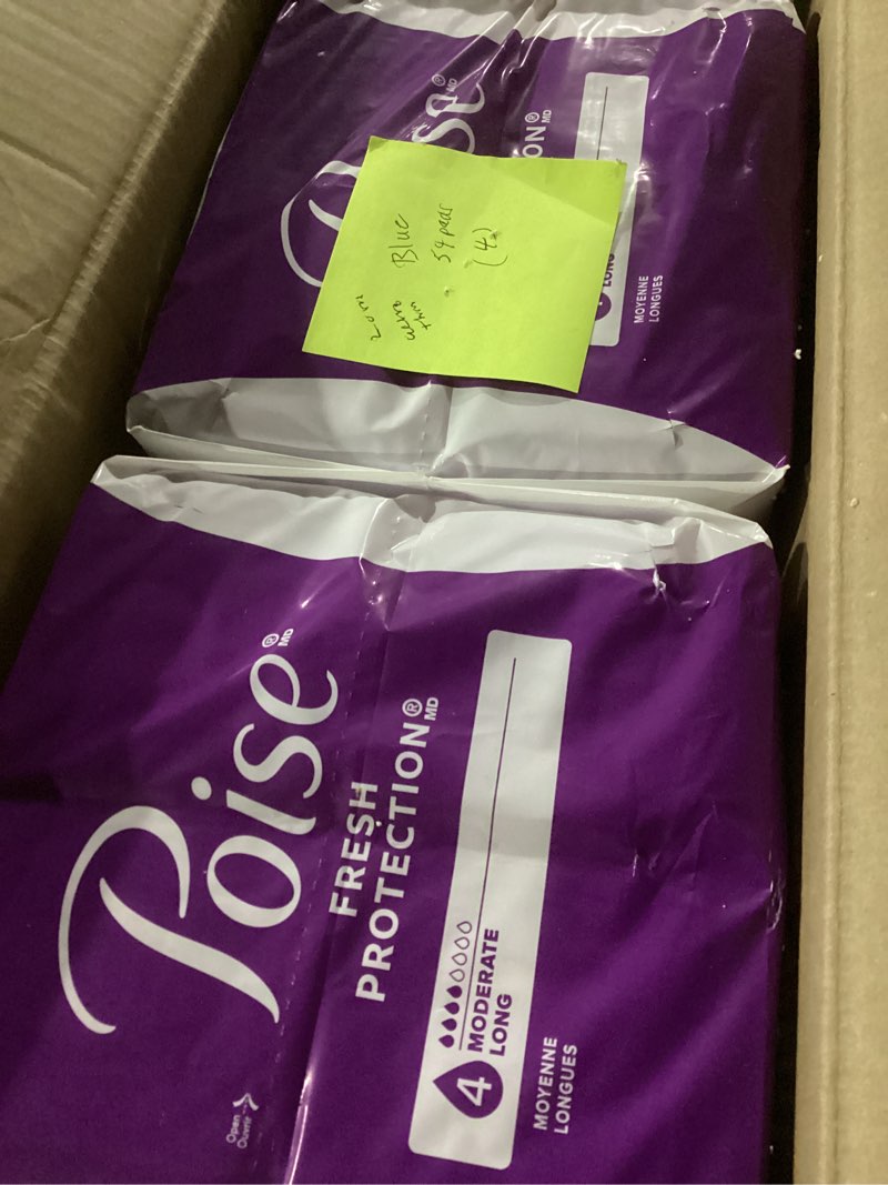 Condition photo showing New/Like New for poise incontinence & postpartum pads for bladder leaks, 4 drop moderate absorbency, long length, 108 count, packaging may vary long 108