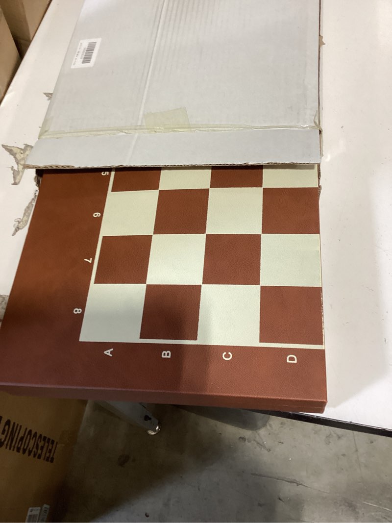Condition photo showing New/Like New for large 3-in-1 chess set & checkers backgammon set – 19" folding leather chess board with handle, acrylic chess pieces & checkers, 4" king with 2 extra queens, luxury travel board game set