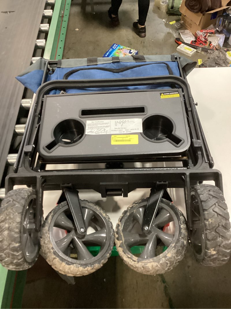 Condition photo showing As Is for mac sports xl heavy-duty collapsible wagon features a built-in folding table with integrated cup holders blue