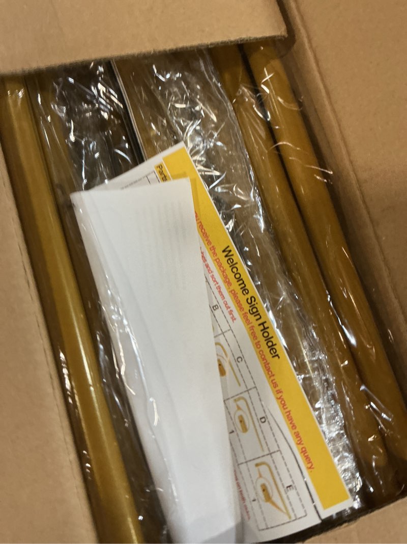 Condition photo showing New/Like New for Wedding Welcome Sign Holder, 68"x32"x16.5" Welcome to Our Wedding Sign Adjustable Gold Display Stand with Leather Sign Hanging Straps, Easel Stand Personalized for Baby Shower Bridal Shower Sign Gold 68”x32”x 16.5”