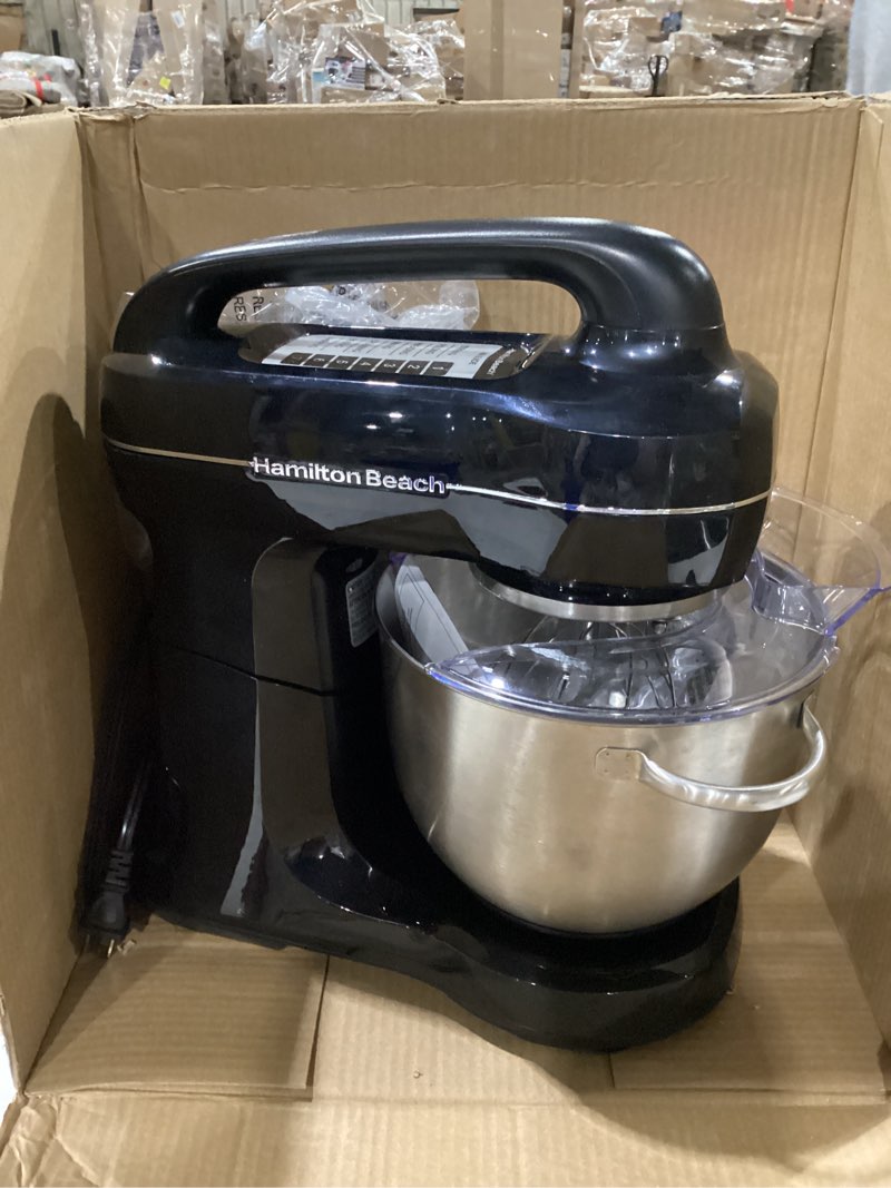 Condition photo showing As Is for Not tested ***Hamilton Beach Electric Stand Mixer, 4 Quarts, Dough Hook, Flat Beater Attachments, Splash Guard 7 Speeds with Whisk, Easy-Carry Top Handle, Black Black 4 Quarts