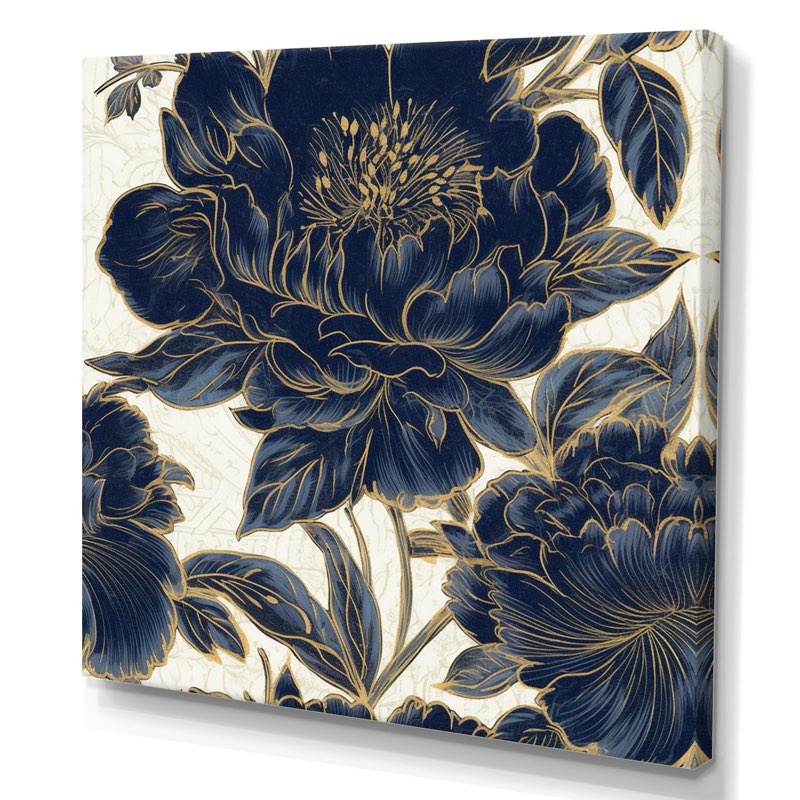 Designart "Blue Gold Peonies Celebration Vi" Floral Peony Canvas