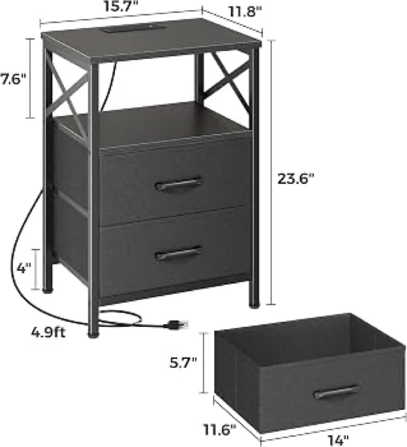 huuger night stand with charger station, 2 drawer nightstand with open shelf, bed side table with usb-c port, end table,