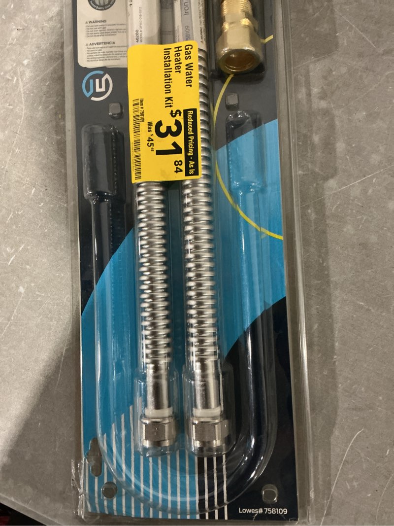 Condition photo showing As Is for eastman stainless steel gas water heater installation kit 1.77 in. h x 23.03 in. l x 7.68 in. w