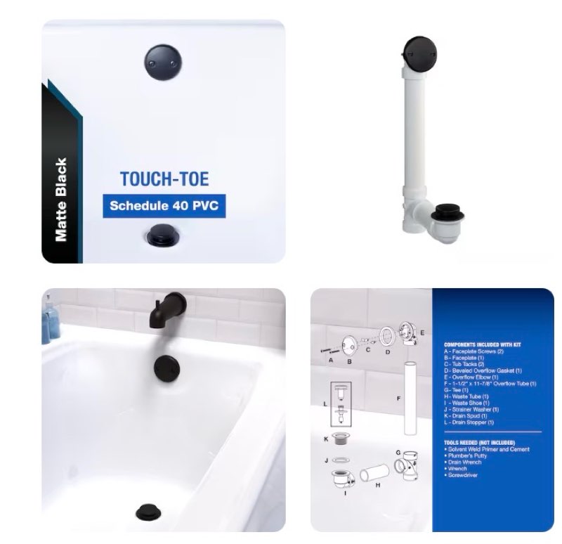 Dearborn 1-1/2-in Touch-Toe White/Matte Black Toe-touch Drain with PVC Pipe Included