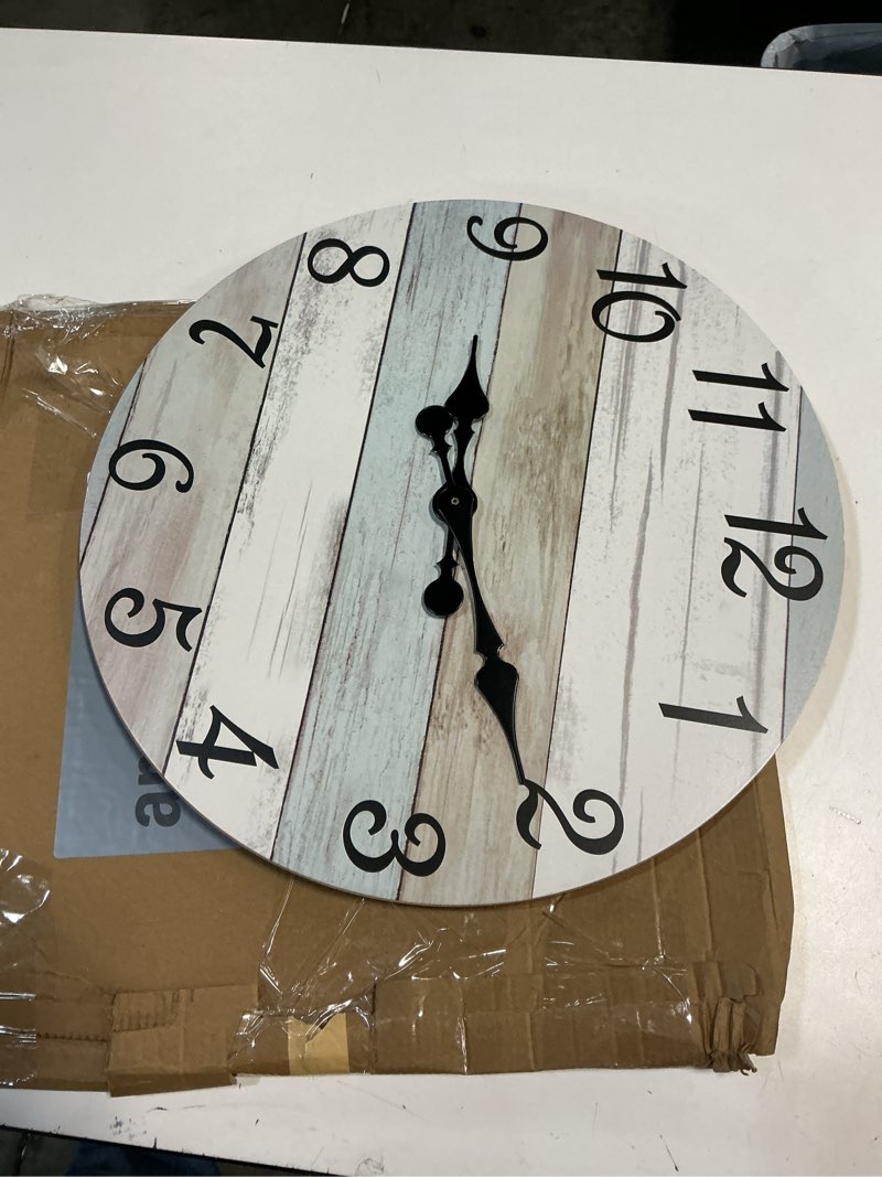 Condition photo showing Good Condition for CHYLIN Wall Clock - 18 Inch Silent Non Ticking Wall Clocks Battery Operated, Wooden Rustic Farmhouse Larger Clock Decorative for Living Room, Kitchen (Blue) 18 INCH B-white,brown,blue