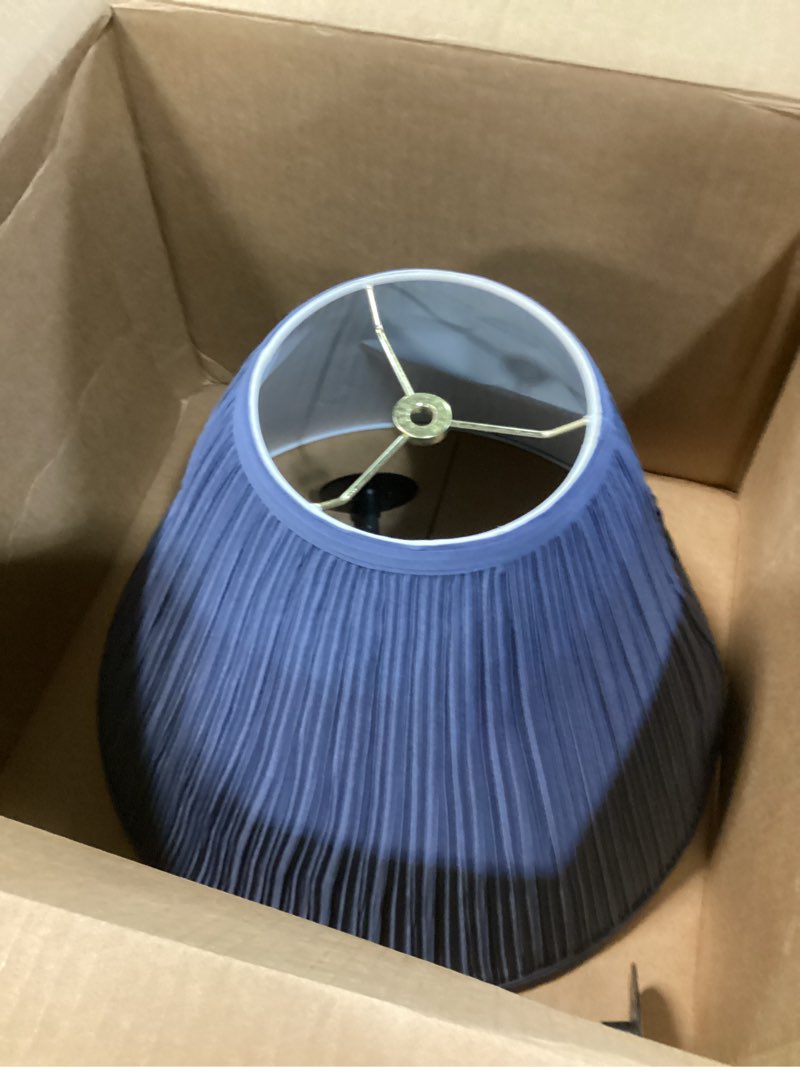 Condition photo showing item condition for aspen creative 33195, transitional hardback empire shaped mushroom pleated dark blue spider shade, 6" top x 16" bottom x 12" slant