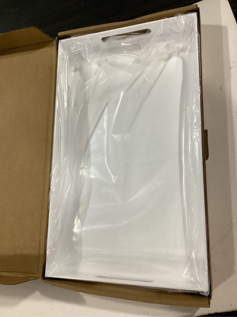 Condition photo showing New/Like New for glossy white acrylic serving tray with handles-butler trays for coffee table, snacks,breakfast in bed, kitchen countertop,vanity,makeup organizer,ottoman (white, 12x20 inches) white 20" x 12" x 2"