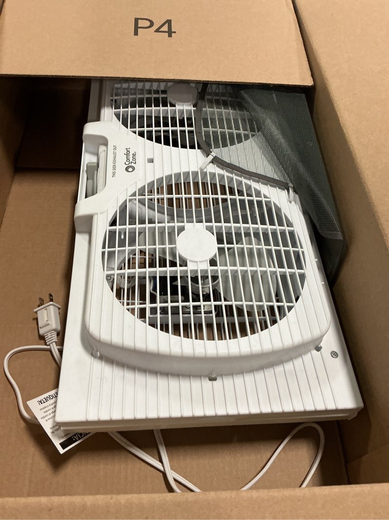 Condition photo showing Good Condition for Comfort Zone Window Fan for Bedroom, 9 inch 3 Speed Dual Fans with Auto-Locking Expanders, Window Exhaust Fan, Removeable Bug Screen, White White 3-Speed