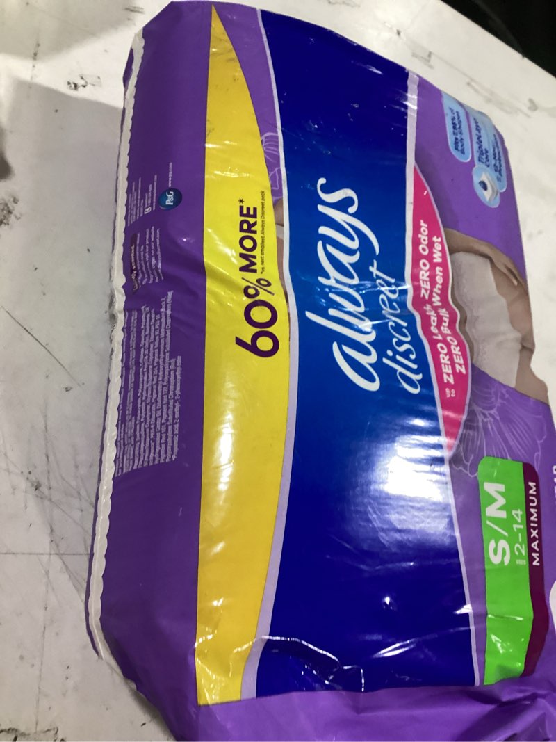 Condition photo showing New/Like New for always discreet adult diapers for women, incontinence underwear, postpartum essentials, disposable briefs, max absorbency, bladder leak protection, small/medium, 32ct small/medium 32