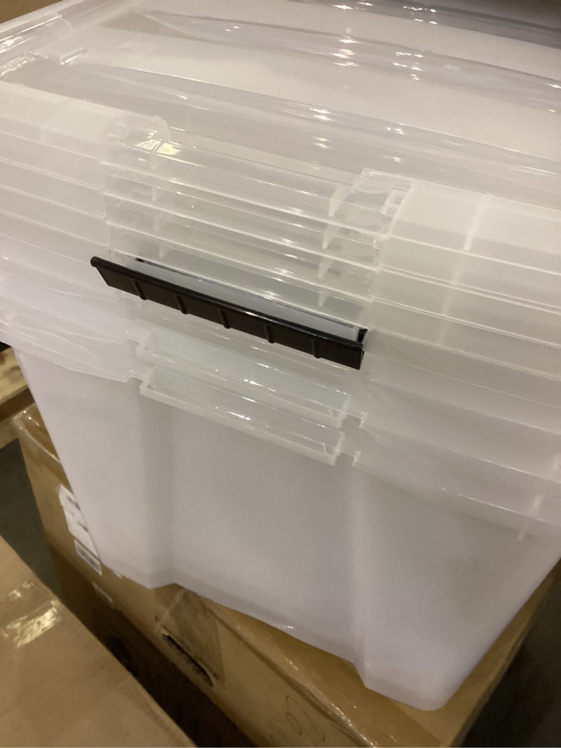 Condition photo showing As Is for IRIS USA 72 QT Plastic Storage Box with Lid and Latches - 4 Pack - BPA-Free, See-Through Organizing Solution, Durable Nestable Stackable Containers, Secure Pull Handle - Clear Clear 72 Qt 4 Pack