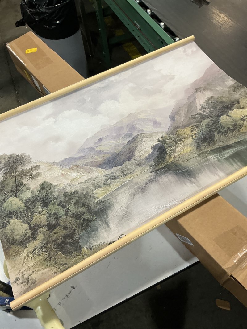 Condition photo showing Good Condition for ARPEOTCY Large Hanging Framed Canvas,Vintage Classic Mountain River Landscape Wall Scroll, 24x36 Inch Canvas Hanging Artwork with Wooden Frame, Serene Nature Wall Decor for Living Room, Bedroom, Office A secluded valley 36"L x 24"W