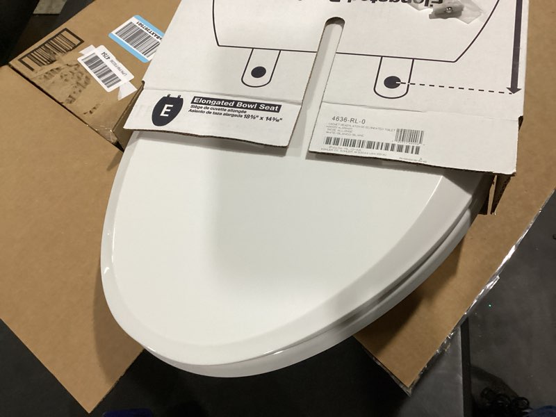 Condition photo showing As Is for kohler 4636-rl-0 cachet readylatch elongated toilet seat slow close, soft close toilet seat quiet lid, contoured grip-tight bumpers installation hardware, apartment essentials, white white elongated ready latch