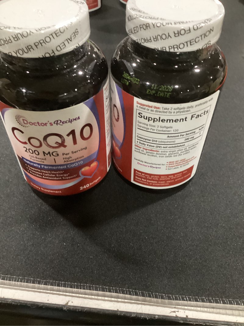 Condition photo showing New/Like New for (qty 2 bottles of 240) (expiration 11/28) doctor's recipes coq10 200mg per serving, high absorption coenzyme q10 supplement with olive oil, heart & vascular health, energy production & antioxidant support, 4 month supply, 240 softgels 240 count (pack of 1)