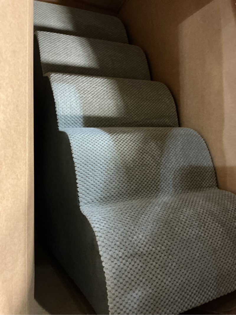 Condition photo showing As Is for dog stairs for bed 28.7”h, 5-step dog ramp, non-slip sturdy pet steps for small dogs & cats to get on high bed or couches, grey