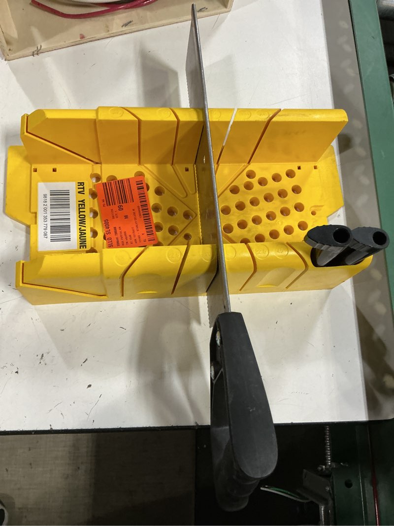 Condition photo showing As Is for stanley clamping miter box with saw 22-1/2 in. cuts miters on 45 deg. and 90 deg., face angle 45