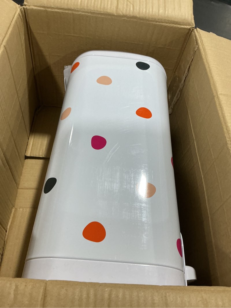Condition photo showing As Is for Diaper Genie Select Pail (Multi-Color Polka Dot) is Made of Durable Stainless Steel and Includes 1 Starter Square Refill That can Hold up to 165 Newborn-Sized Diapers.