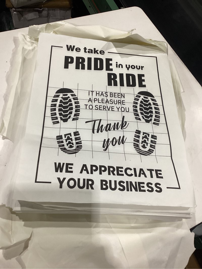 Condition photo showing New/Like New for 500pcs paper floor mats for cars, disposable white automotive floor mats kraft paper, waterproof car foot pads protective papers, thank you mats for car detailing, auto dealership (20" x 16") 16" x 20"