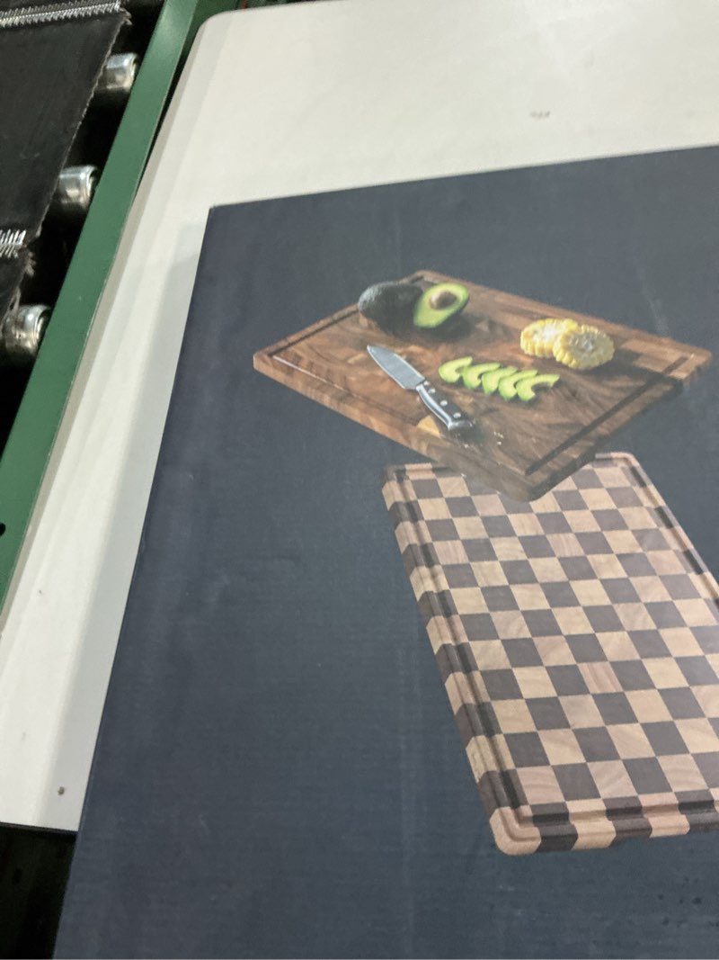 Condition photo showing New/Like New for Acacia Wood Cutting Boards for Kitchen, Checkered Chopping Board with Juice Grooves & Handles, Large Butcher Block Serving Tray with Non?Slip Feet, 20" x 15" x 1.5" Acacia Wood 20"L x 15"W
