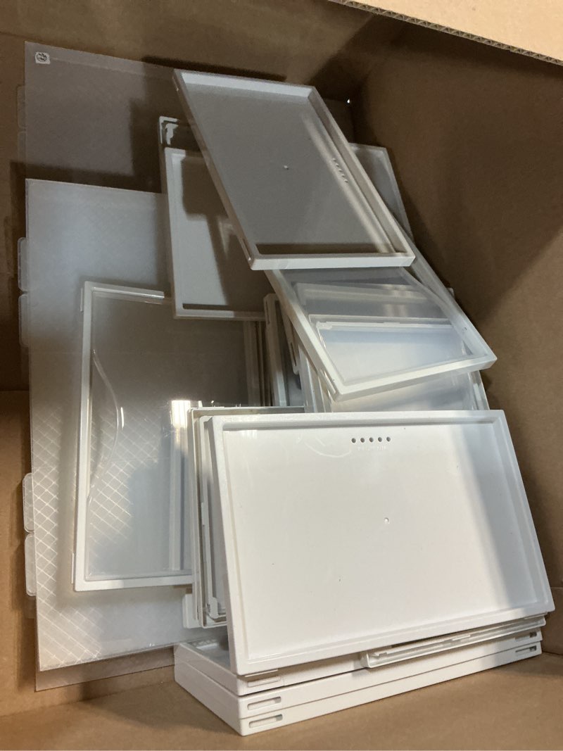 Condition photo showing As Is for songmics stackable shoe boxes, set of 12 plastic shoe organizers with door, transparent, easy assembly, 9.1 x 13.1 x 5.6 inches, for shoes up to us size 9, transparent and cloud white ulsp312w01