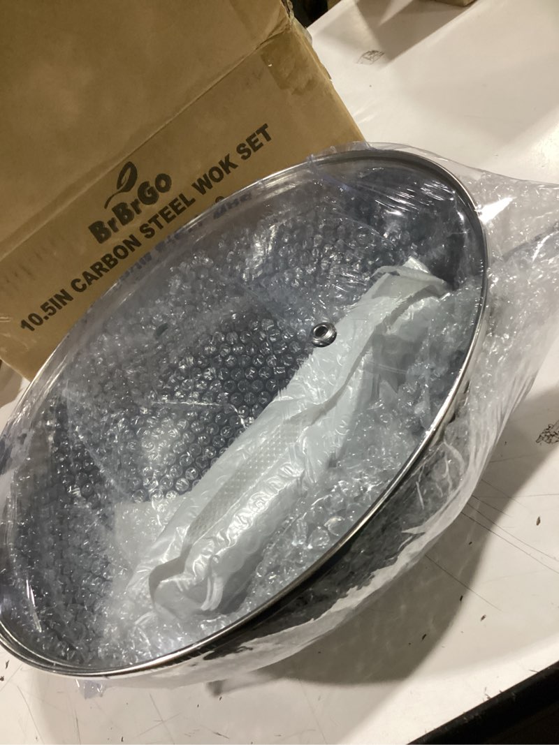 Condition photo showing New/Like New for 10.5-inch carbon steel wok, stay-cool wooden handle stir-fry pan for 2–3 servings, non toxic, oven-safe, authentic chinese cooking for all stovetops, 2-piece set 10.5" 2 pcs set